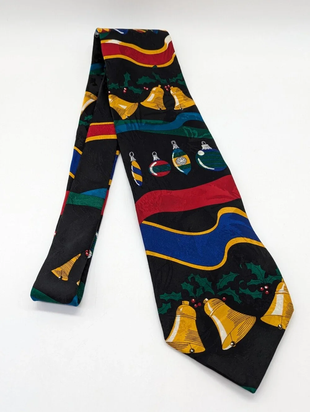 Vintage Machado Clerk Red Yellow Christmas Ornament & Bells Silk Tie